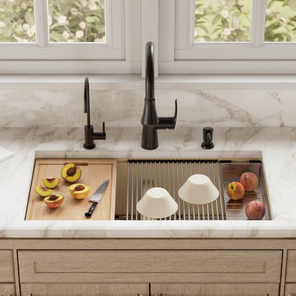 32-1/2" Undermount Double Equal Bowl Quartz Composite Workstation Kitchen Sink In Bisque