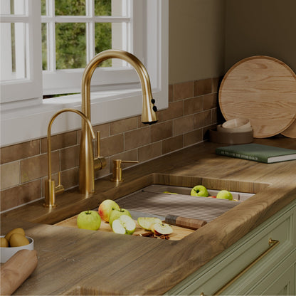 32" Undermount Double Bowl Quartz Kitchen Sink Kit In Concrete