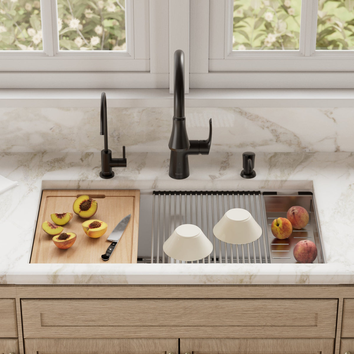 32-1/2" Undermount Double Equal Bowl Quartz Composite Workstation Kitchen Sink In White
