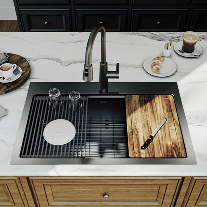 Elite 33" Top Mount Workstation 16 Gauge Stainless Steel Single Bowl Kitchen Sink In Gunmetal Black