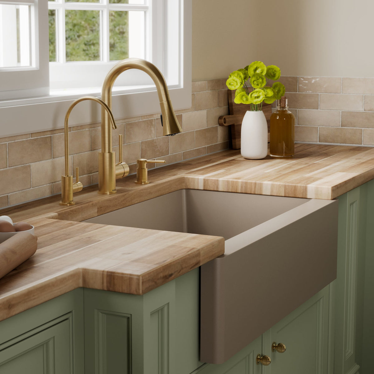 34" Farmhouse Large Single Bowl Quartz Composite Kitchen Sink Kit In Concrete