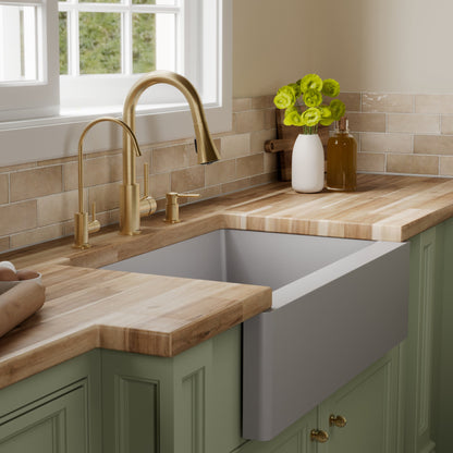 34" Farmhouse Large Single Bowl Quartz Composite Kitchen Sink Kit In Grey