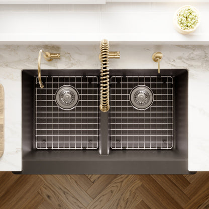 34" Farmhouse Double Equal Bowl Quartz Composite Kitchen Sink Kit In Black