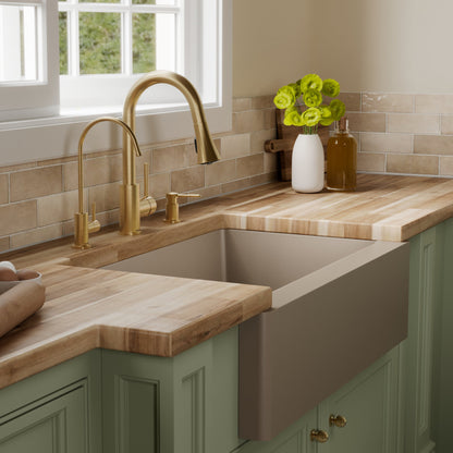 34" Farmhouse Double Equal Bowl Quartz Composite Kitchen Sink Kit In Concrete