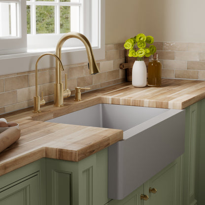 34" Farmhouse Double Equal Bowl Quartz Composite Kitchen Sink Kit In Grey