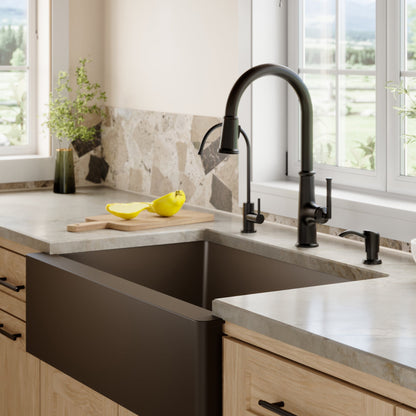 34" Farmhouse Double Offset Bowl Quartz Composite Kitchen Sink Kit In Brown