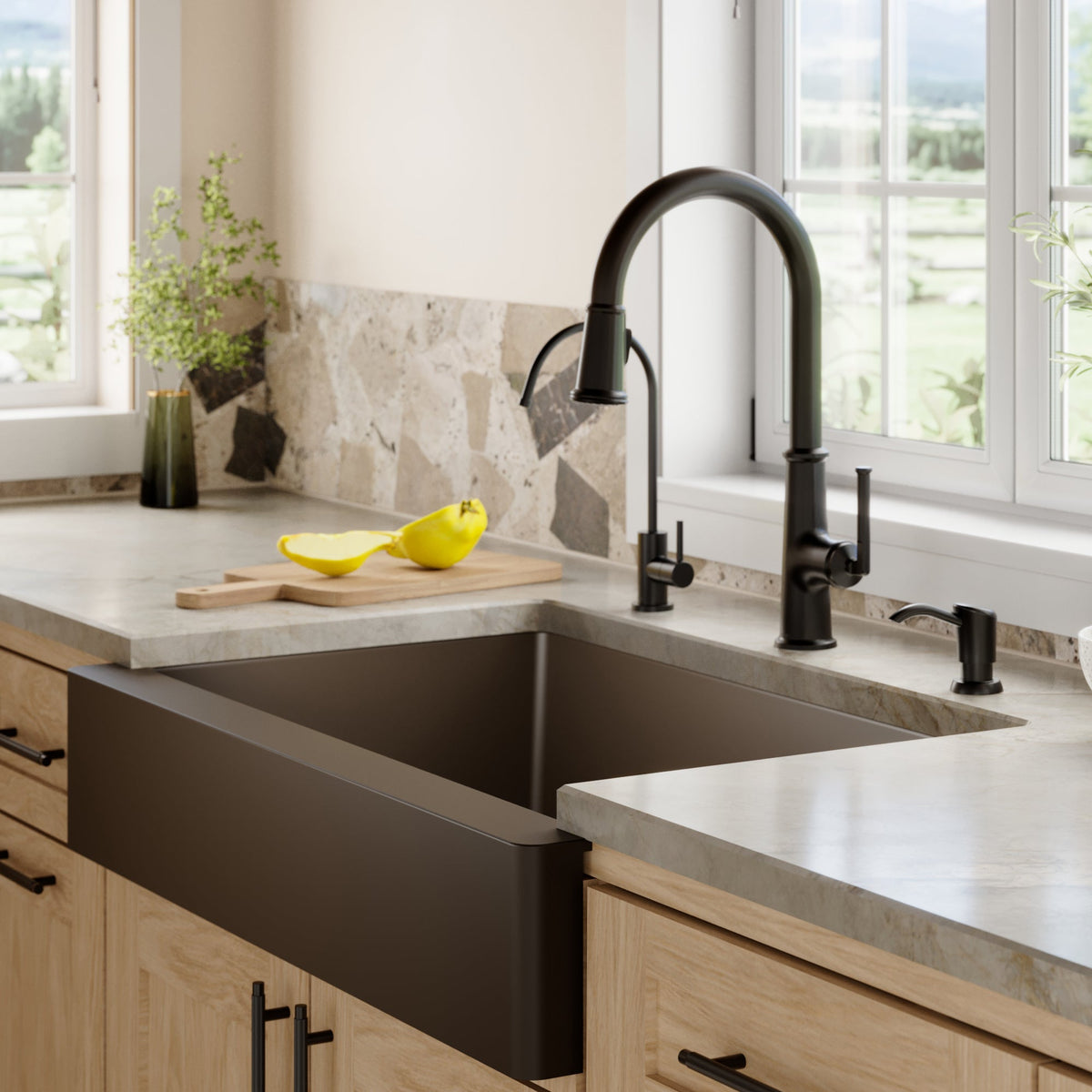 34" Retrofit Farmhouse Large Single Bowl Quartz Composite Kitchen Sink Kit In Brown