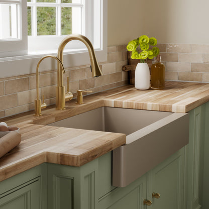 34" Retrofit Farmhouse Large Single Bowl Quartz Composite Kitchen Sink Kit In Concrete