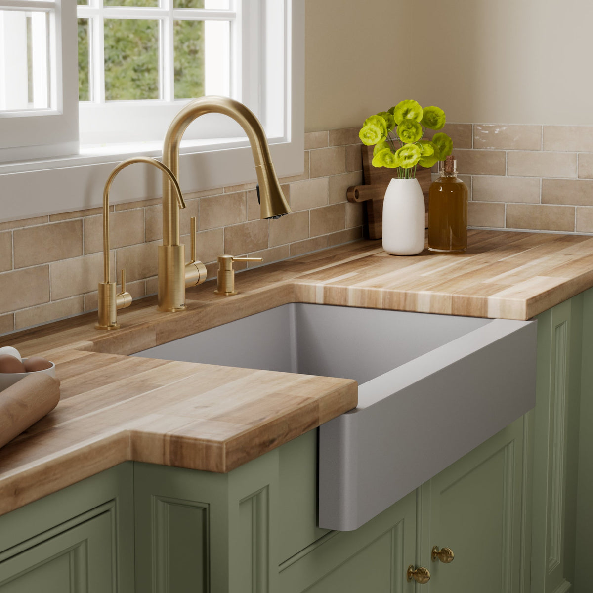34" Retrofit Farmhouse Large Single Bowl Quartz Composite Kitchen Sink Kit In Grey