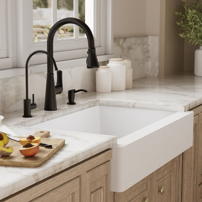 34" Retrofit Farmhouse Large Single Bowl Quartz Composite Kitchen Sink Kit In White