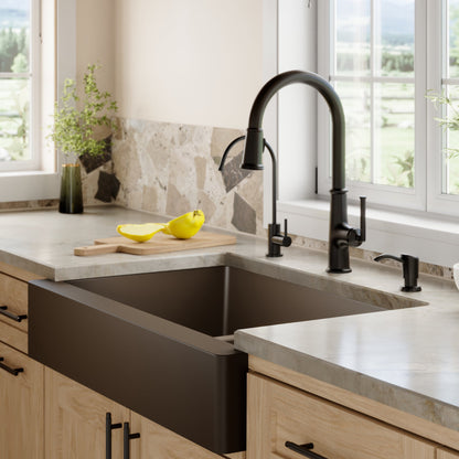 34" Retrofit Farmhouse Double Equal Bowl Quartz Composite Kitchen Sink Kit In Brown