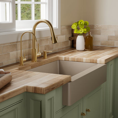 34" Retrofit Farmhouse Double Equal Bowl Quartz Composite Kitchen Sink Kit In Concrete