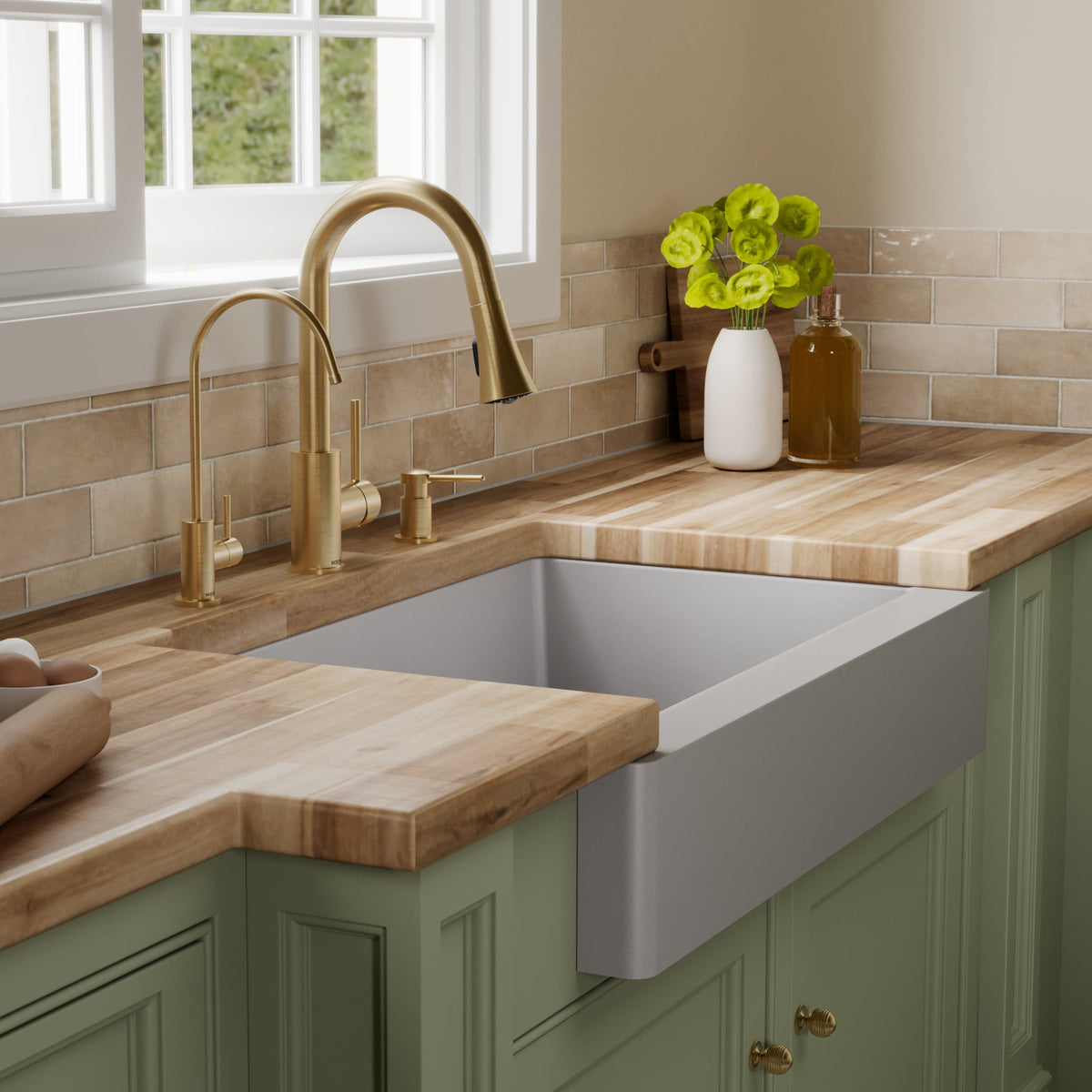 34" Retrofit Farmhouse Double Equal Bowl Quartz Composite Kitchen Sink Kit In Grey