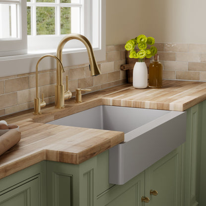 34" Retrofit Farmhouse Double Equal Bowl Quartz Composite Kitchen Sink Kit In Grey