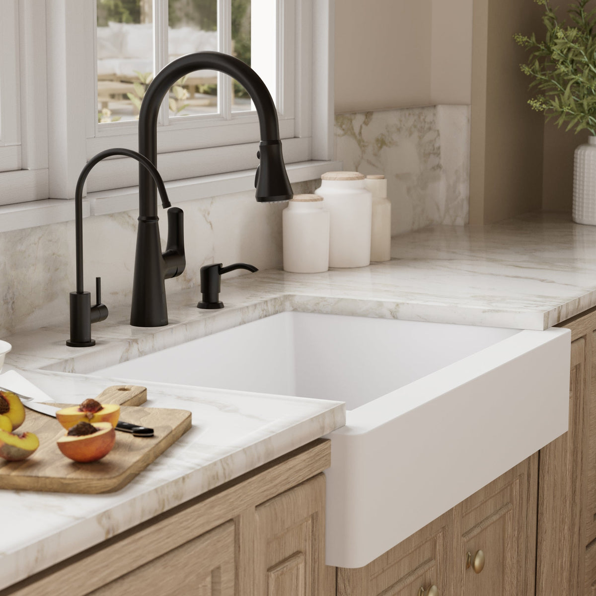 34" Retrofit Farmhouse Double Equal Bowl Quartz Composite Kitchen Sink Kit In White