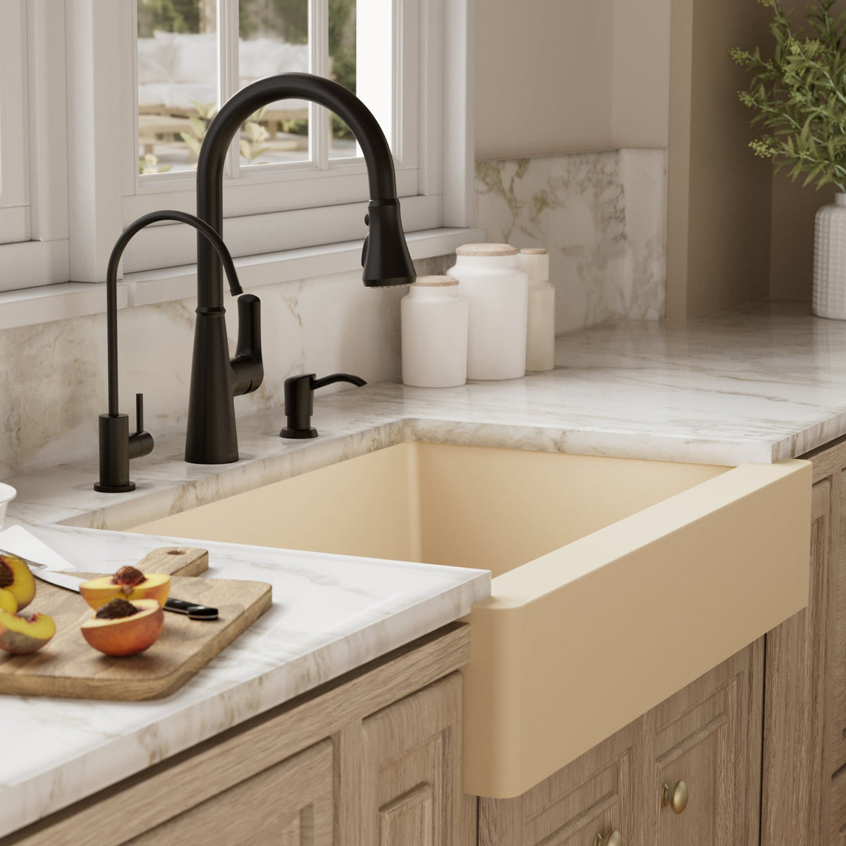 34" Retrofit Farmhouse Double Offset Bowl Quartz Composite Kitchen Sink Kit In Bisque