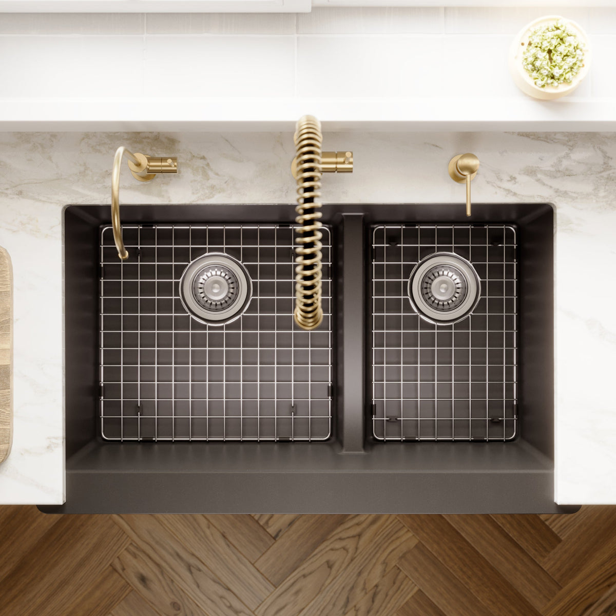 34" Retrofit Farmhouse Double Offset Bowl Quartz Composite Kitchen Sink Kit In Black