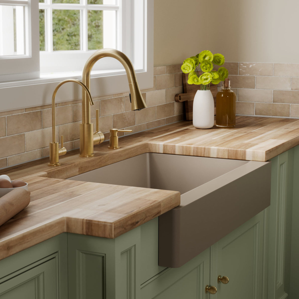 34" Retrofit Farmhouse Double Offset Bowl Quartz Composite Kitchen Sink Kit In Concrete