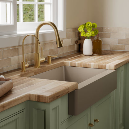 34" Retrofit Farmhouse Double Offset Bowl Quartz Composite Kitchen Sink Kit In Concrete