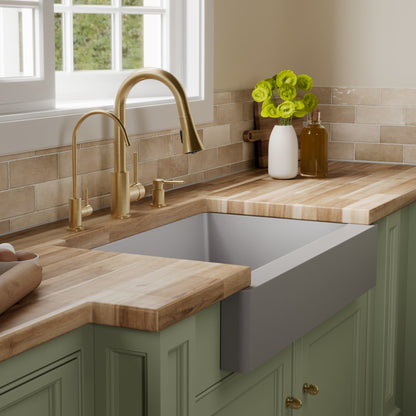 34" Retrofit Farmhouse Double Offset Bowl Quartz Composite Kitchen Sink Kit In Grey