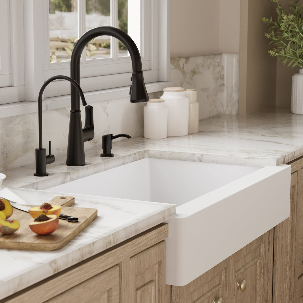 34" Retrofit Farmhouse Double Offset Bowl Quartz Composite Kitchen Sink Kit In White