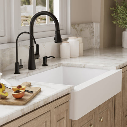 34" Retrofit Farmhouse Double Offset Bowl Quartz Composite Kitchen Sink Kit In White