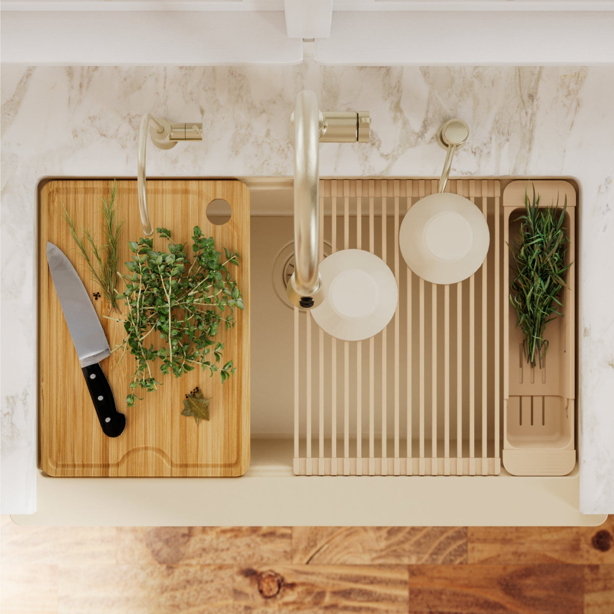 34" Apron Front Single Bowl Quartz Kitchen Sink Kit In Bisque