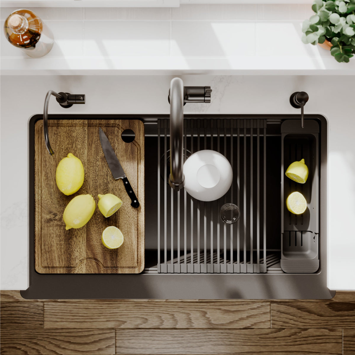 34" Apron Front Single Bowl Quartz Kitchen Sink Kit In Black