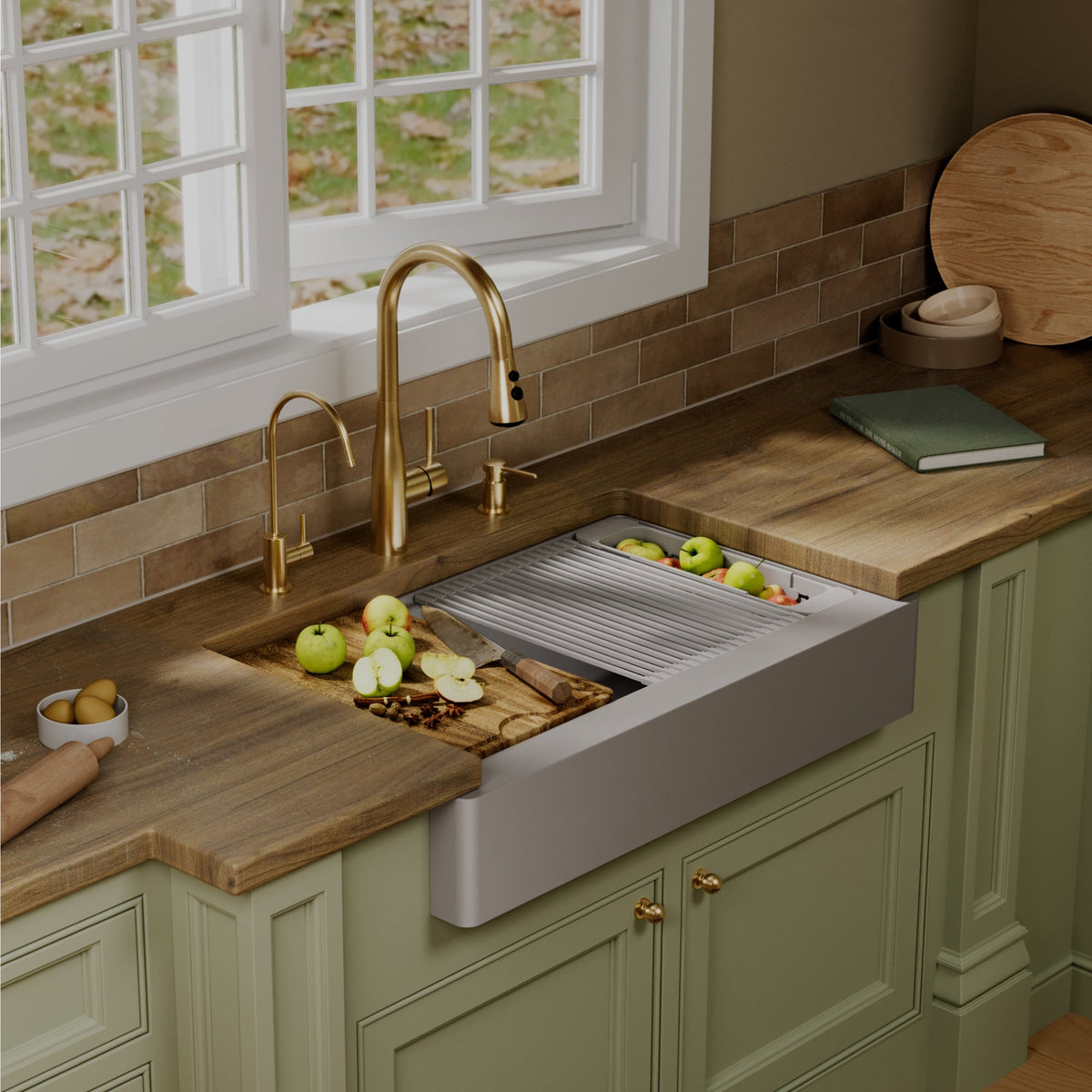 34" Apron Front Single Bowl Quartz Kitchen Sink Kit In Grey