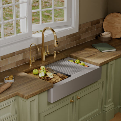 34" Apron Front Single Bowl Quartz Kitchen Sink Kit In Grey