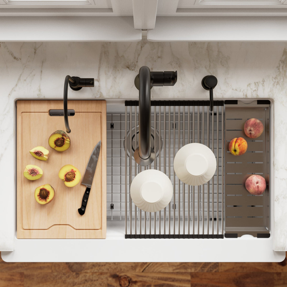 34" Retrofit Farmhouse Large Single Bowl Quartz Composite Workstation Kitchen Sink In White