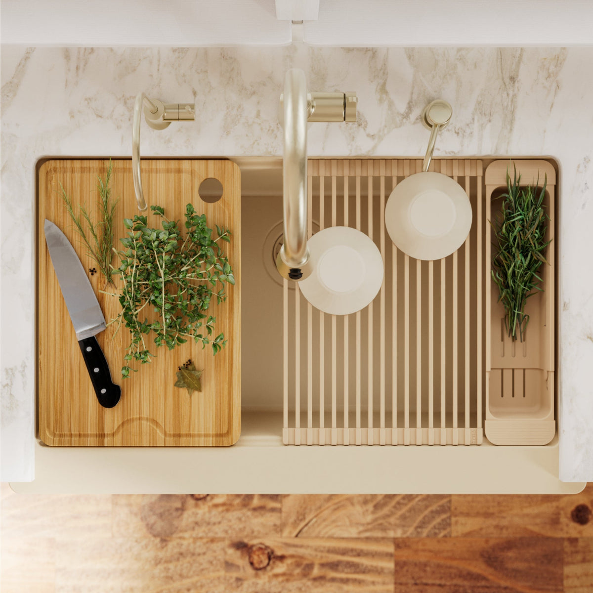 34" Deep Apron Front Single Bowl Quartz Kitchen Sink Kit In Bisque
