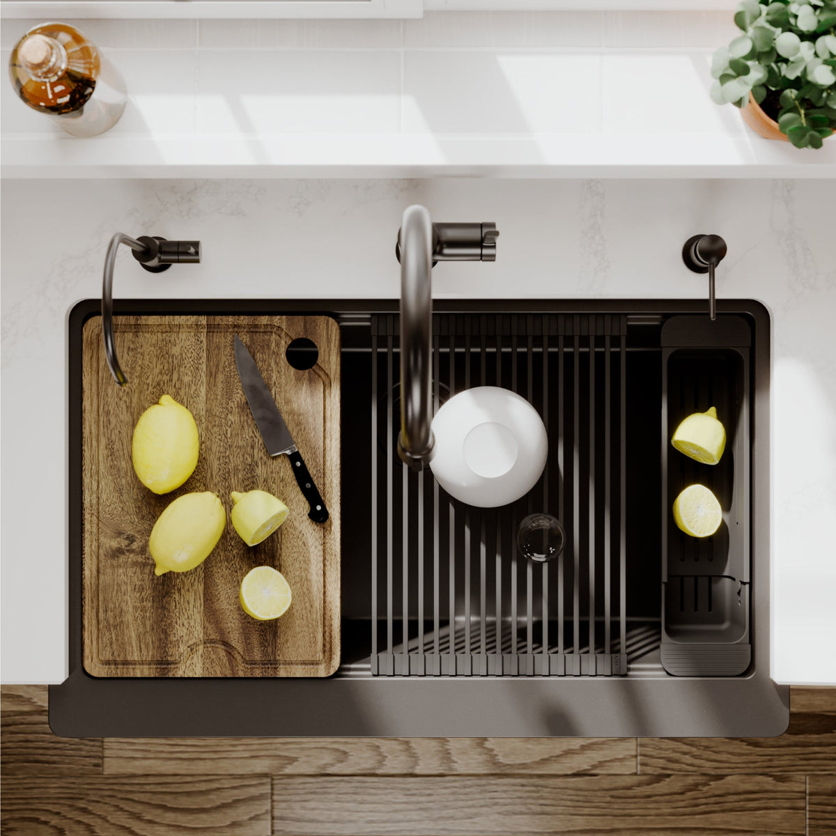 34" Deep Apron Front Single Bowl Quartz Kitchen Sink Kit In Black