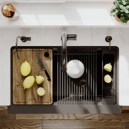 34" Deep Apron Front Single Bowl Quartz Kitchen Sink Kit In Black
