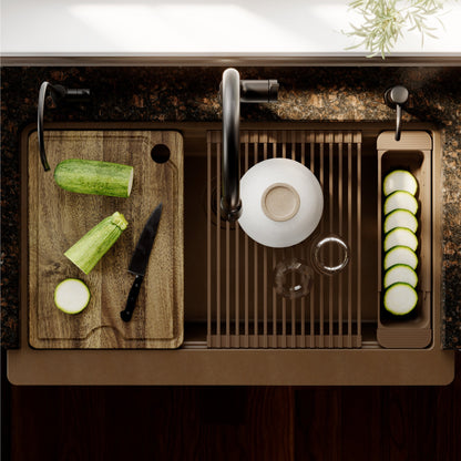 34" Deep Apron Front Single Bowl Quartz Kitchen Sink Kit In Brown