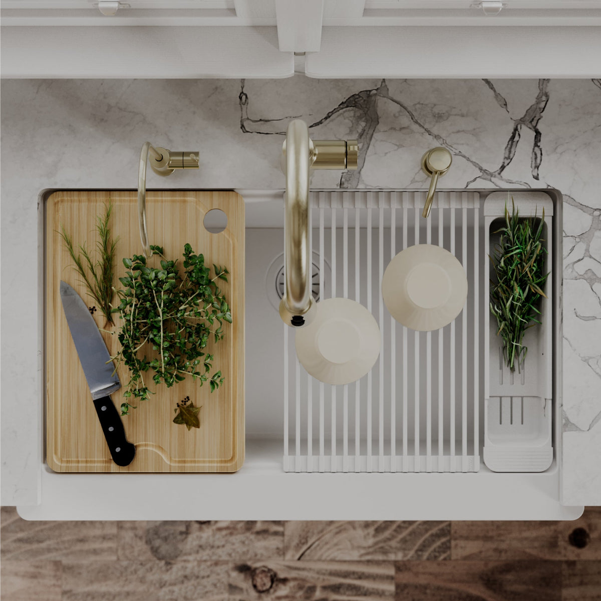 34" Deep Apron Front Single Bowl Quartz Kitchen Sink Kit In White