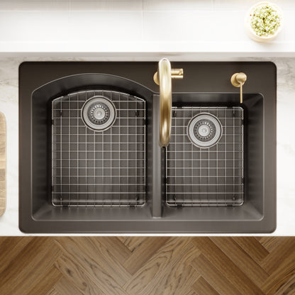 33" Top Mount Double Offset Bowl Quartz Composite Kitchen Sink Kit In Black