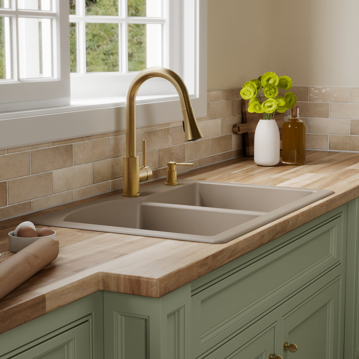 33" Top Mount Double Offset Bowl Quartz Composite Kitchen Sink Kit In Concrete