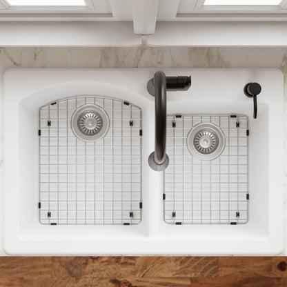33" Top Mount Double Offset Bowl Quartz Composite Kitchen Sink Kit In White