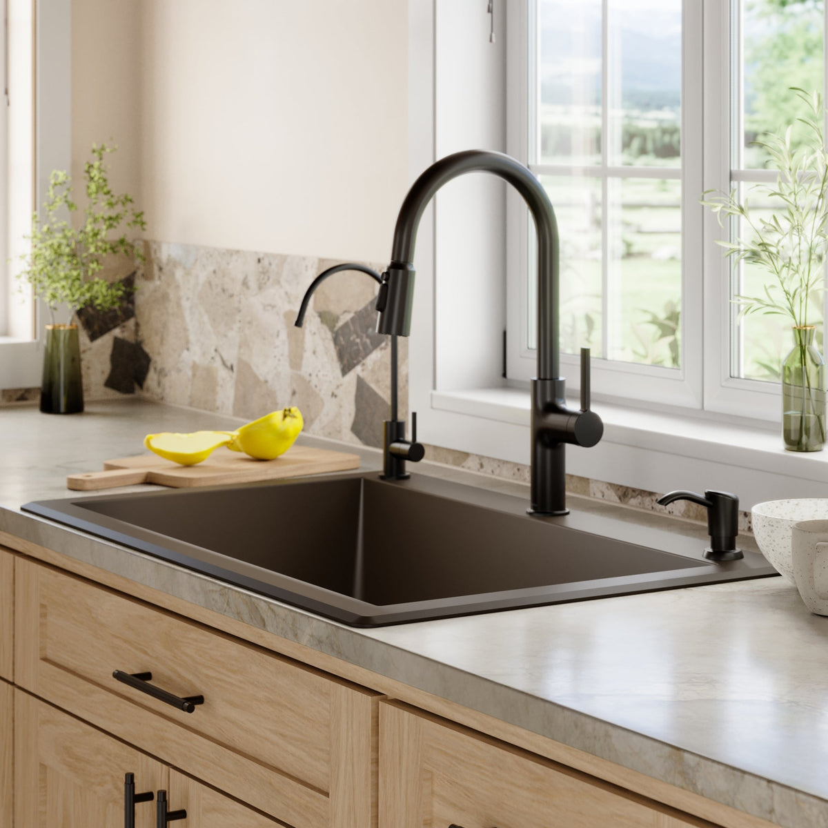 33" Top Mount Large Single Bowl Quartz Composite Kitchen Sink Kit In Brown