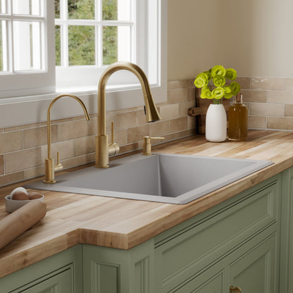 33" Top Mount Large Single Bowl Quartz Composite Kitchen Sink Kit In Grey