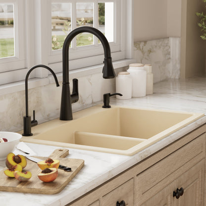 33" Top Mount Double Equal Bowl Quartz Composite Kitchen Sink Kit In Bisque