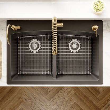 33" Top Mount Double Equal Bowl Quartz Composite Kitchen Sink Kit In Black