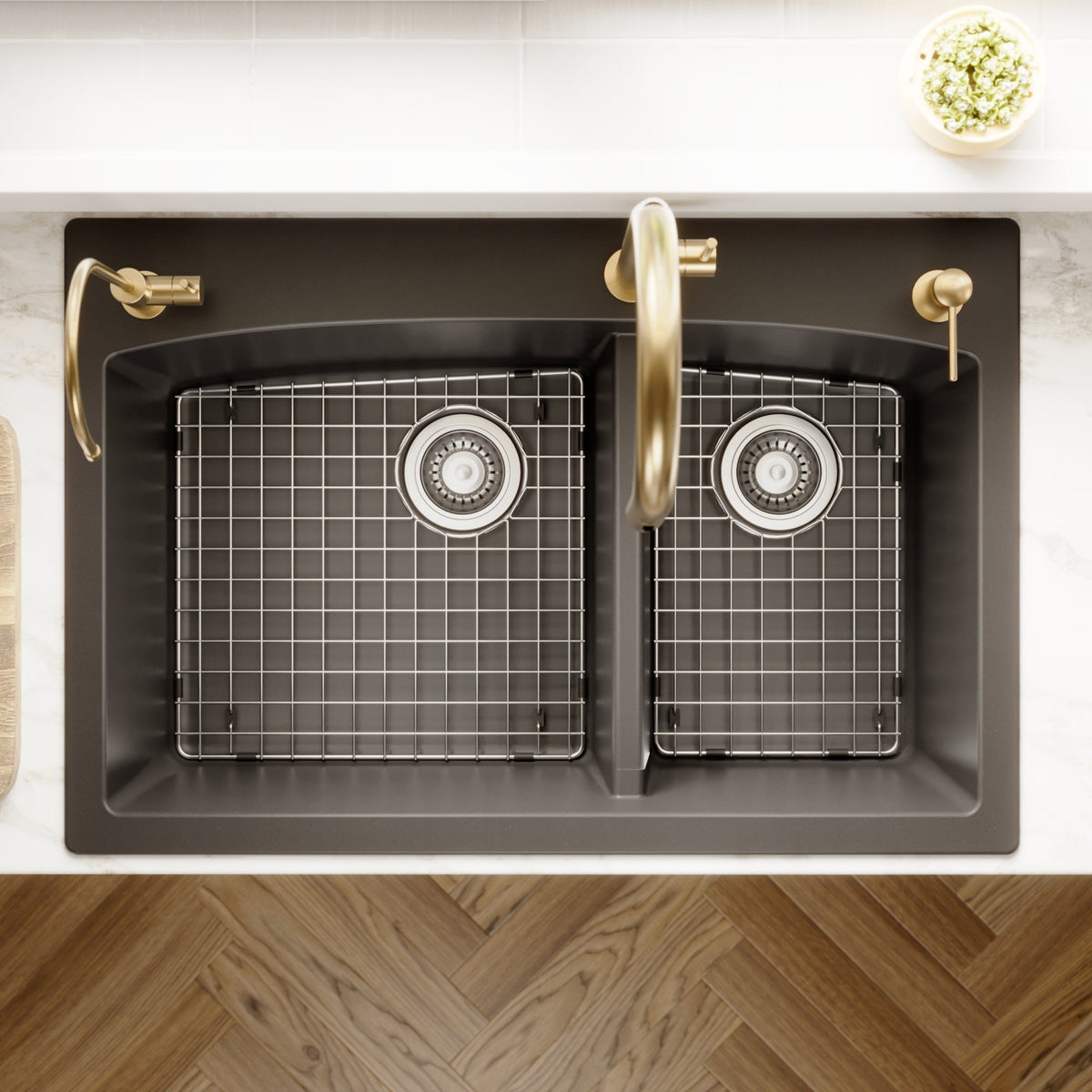 33" Top Mount Double Offset Bowl Quartz Composite Kitchen Sink Kit In Black