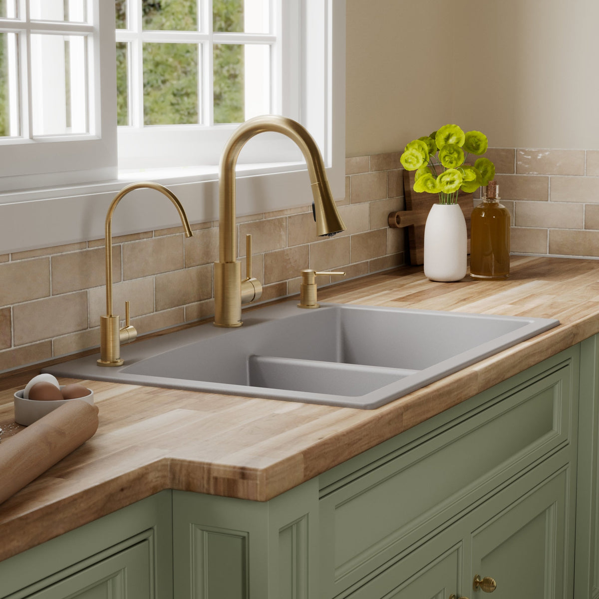 33" Top Mount Double Offset Bowl Quartz Composite Kitchen Sink Kit In Grey