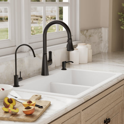 33" Top Mount Double Offset Bowl Quartz Composite Kitchen Sink Kit In White