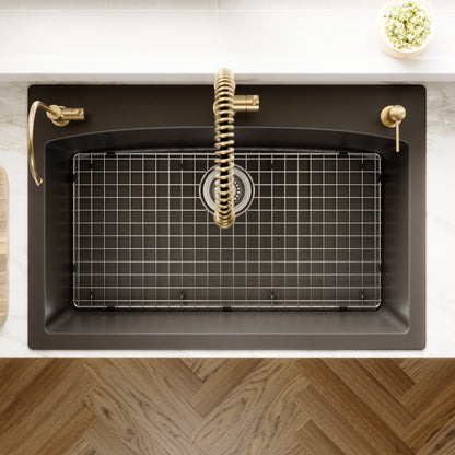 33" Top Mount Large Single Bowl Quartz Composite Kitchen Sink Kit In Black