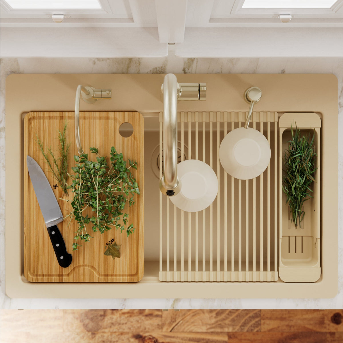 33" Top Mount Single Bowl Quartz Kitchen Sink Kit In Bisque