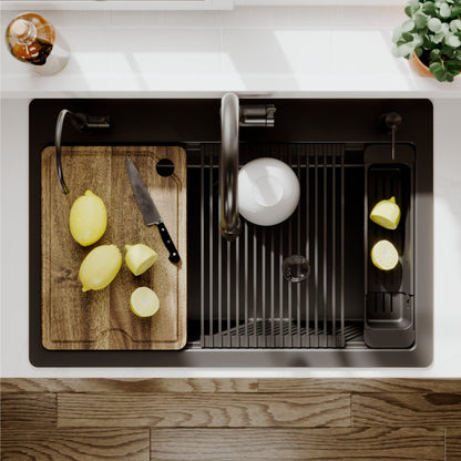 33" Top Mount Single Bowl Quartz Kitchen Sink Kit In Black