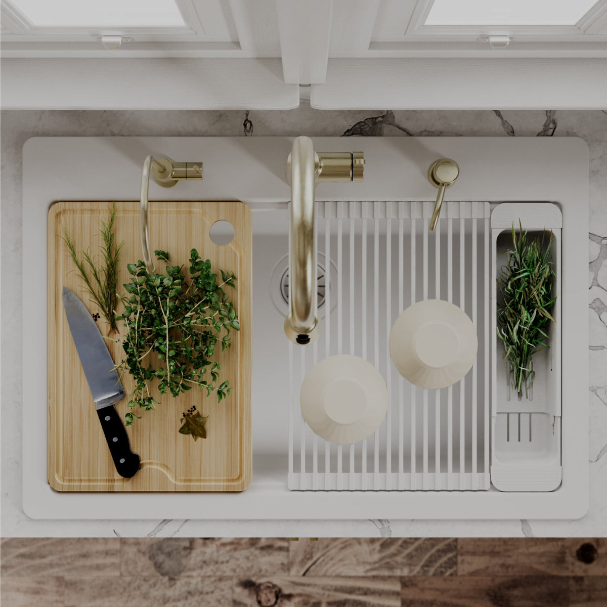 33" Top Mount Single Bowl Quartz Kitchen Sink Kit In White